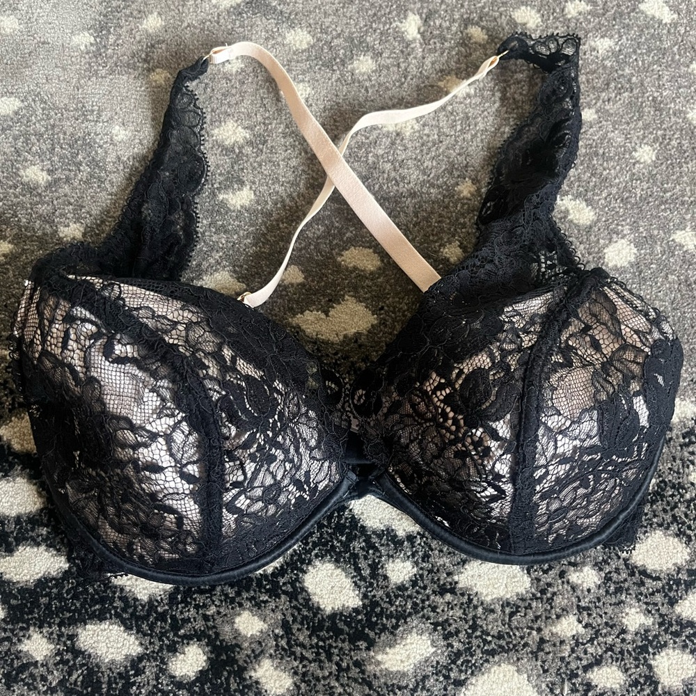 Stella McCartney Black Nude Lace Bra X Back Plunge Push Up 32E 32DD